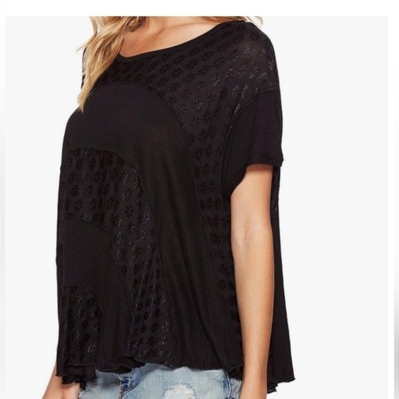 FREE PEOPLE Boho Flower Knit Tri-cot Black Oversized Flowy Tunic Top XS  (to XL) - Picture 1 of 13